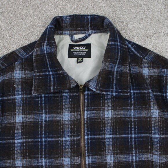 WeSC Flannel Shirt Jacket Mens 2XL Womens 3XL Blue/Brown Plaid Lined L/S Button - Picture 5 of 13